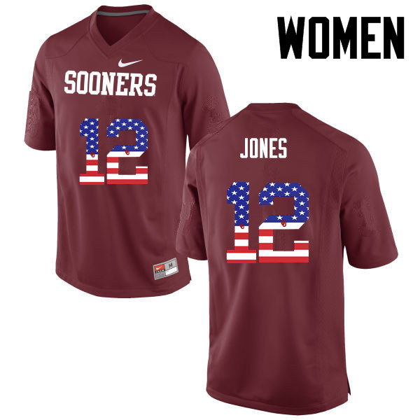 Women Oklahoma Sooners #12 Landry Jones College Football USA Flag Fashion Jerseys-Crimson